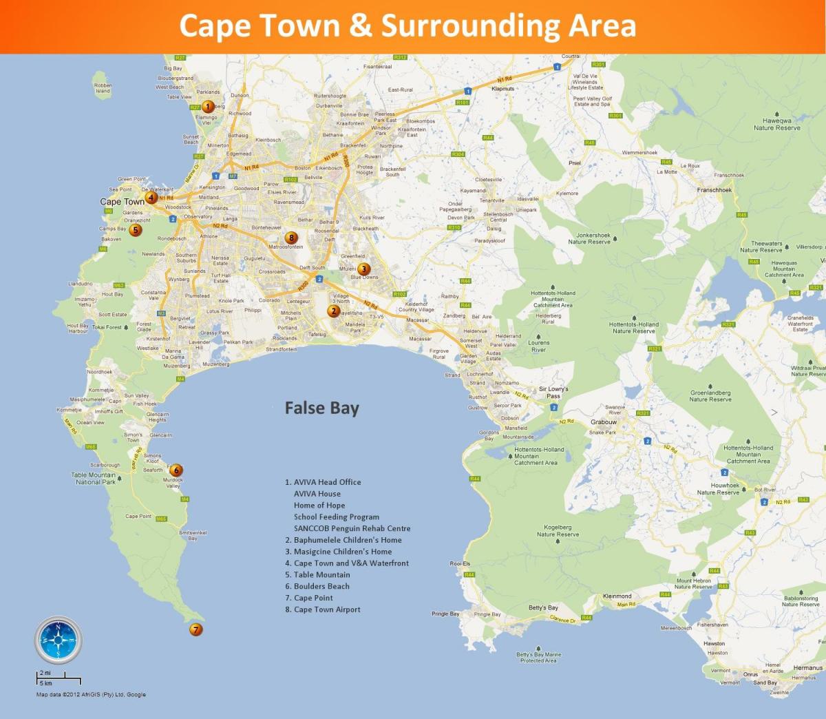 kartta Cape Town-alueella Etelä-Afrikassa
