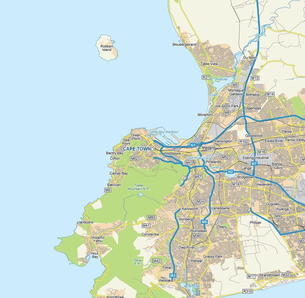 yksityiskohtainen kartta Cape Town ja ympäröi