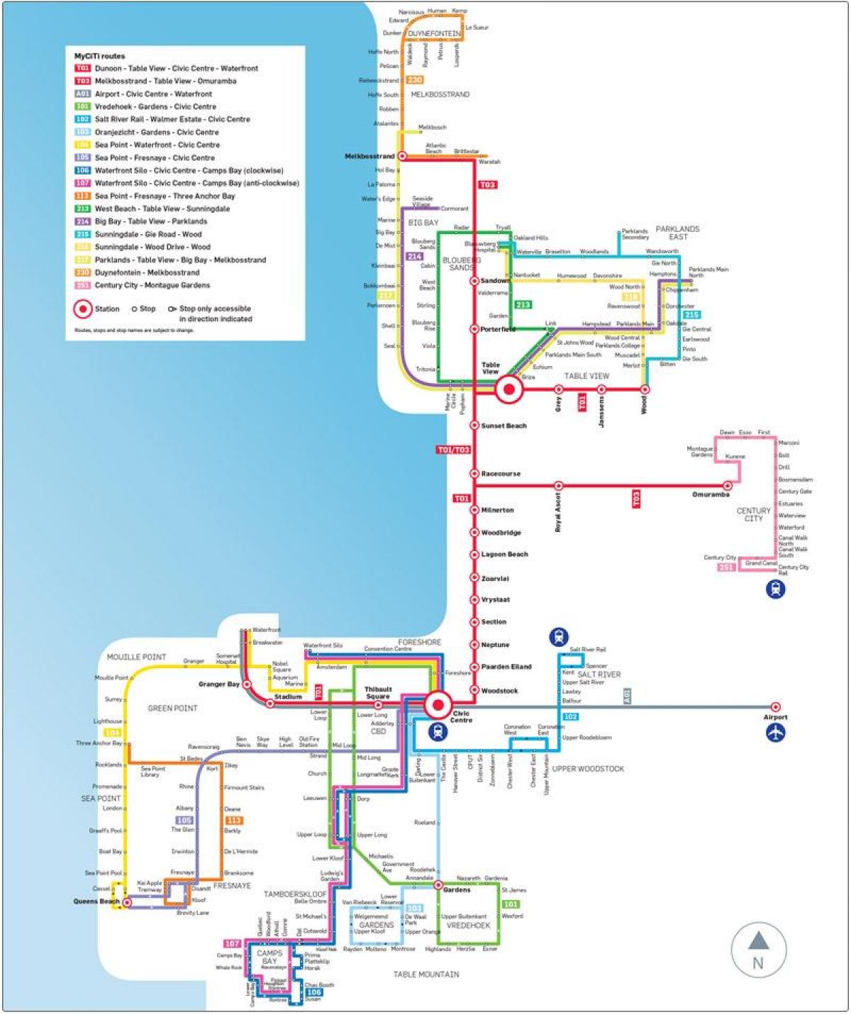 Kapkaupunki kohteesta myciti bus reittikartta
